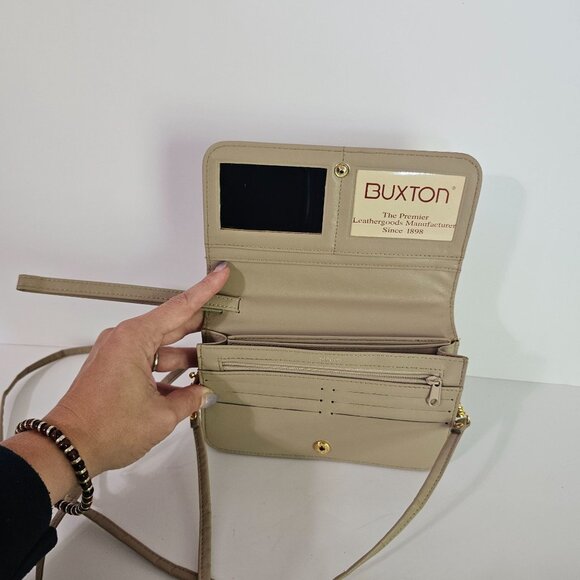Buxton Beige Leather Crossbody Wallet Clutch‎ Purse Wristlet With Mirror 《834》M - Picture 4 of 12